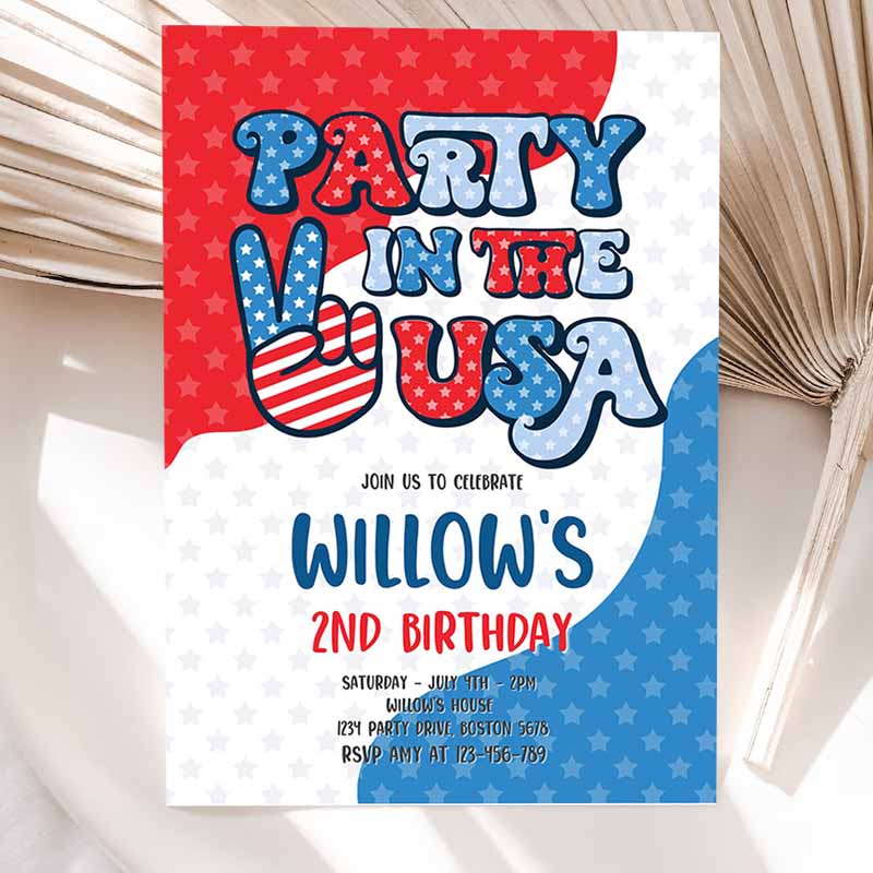 4th Of July Kids Birthday, Retro Groovy Party, Ine USA Invite Red White And Groovy Kids Birthday