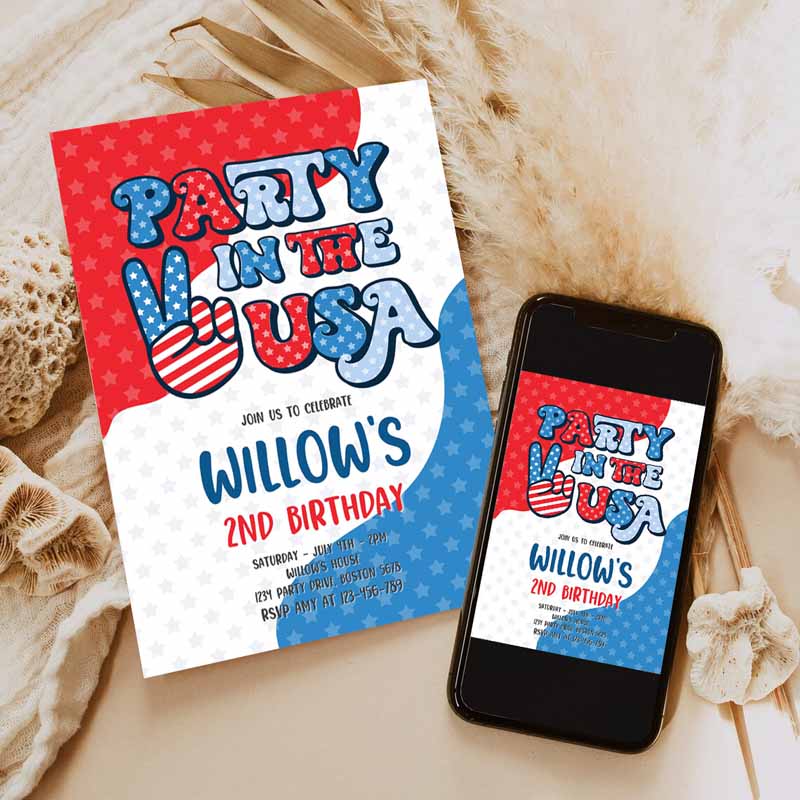 4th Of July Kids Birthday, Retro Groovy Party, Ine USA Invite Red White And Groovy Kids Birthday