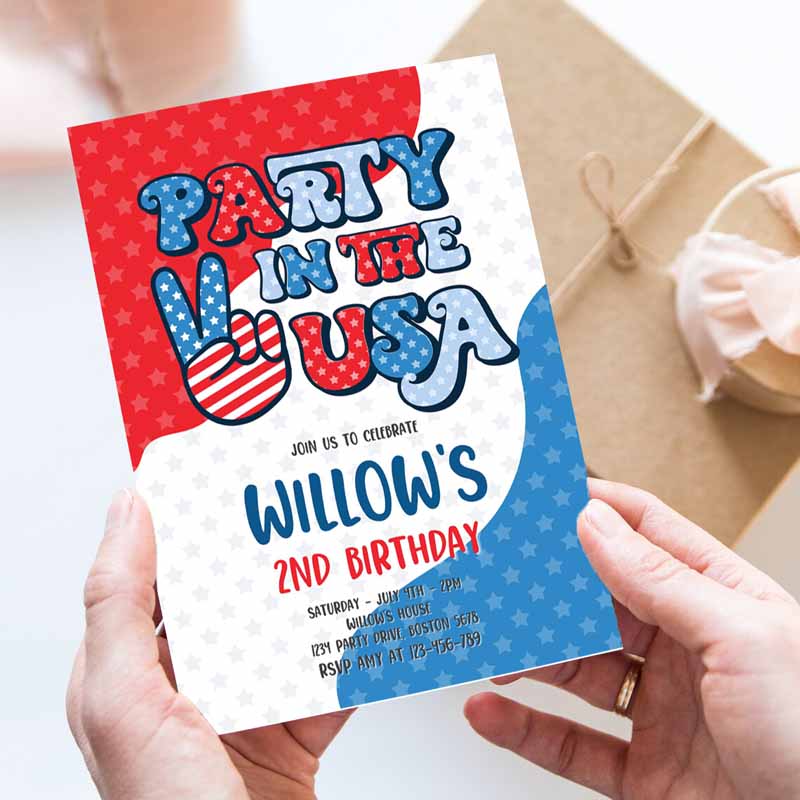 4th Of July Kids Birthday, Retro Groovy Party, Ine USA Invite Red White And Groovy Kids Birthday