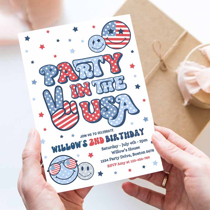 4th Of July Kids Birthday, Retro Groovy Party, Ine USA Invite Red White And Groovy Kids Birthday Party