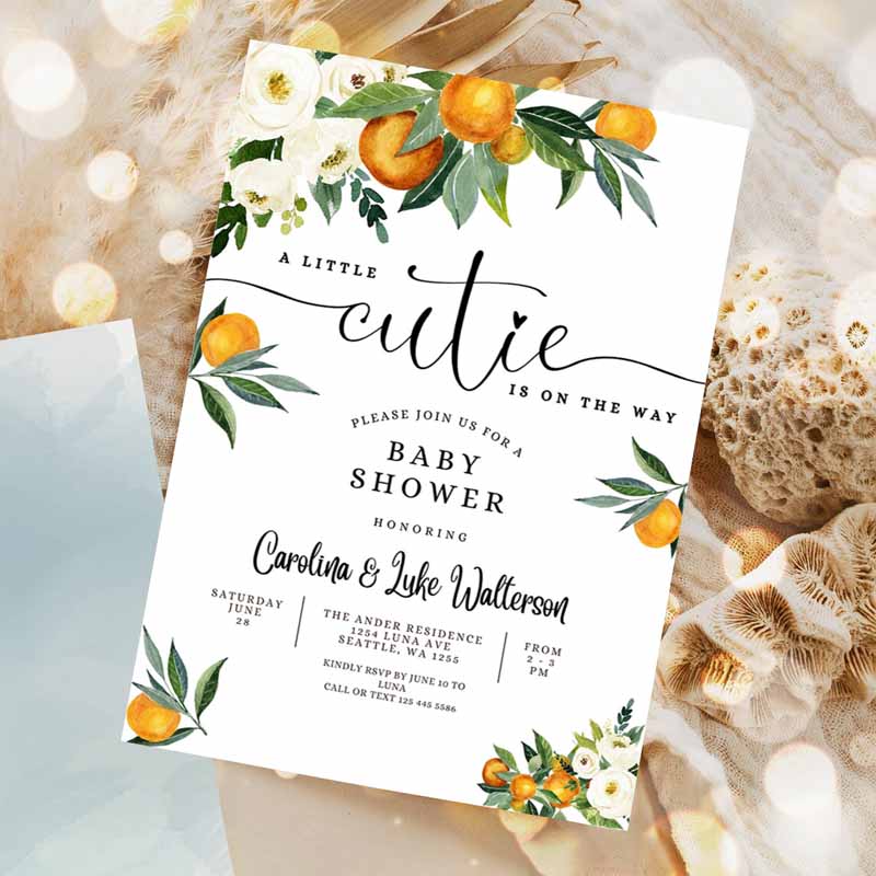 A Little Cutie is one Way Greenery Orange Gender Neutral Baby Shower Invitation