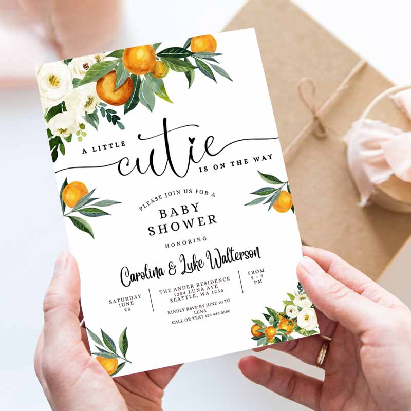 A Little Cutie is one Way Greenery Orange Gender Neutral Baby Shower Invitation