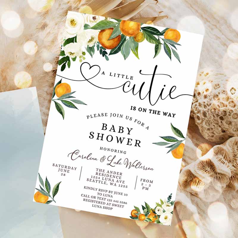 A Little Cutie is one Way Greenery Orange Gender Neutral Couples Baby Shower Invitation