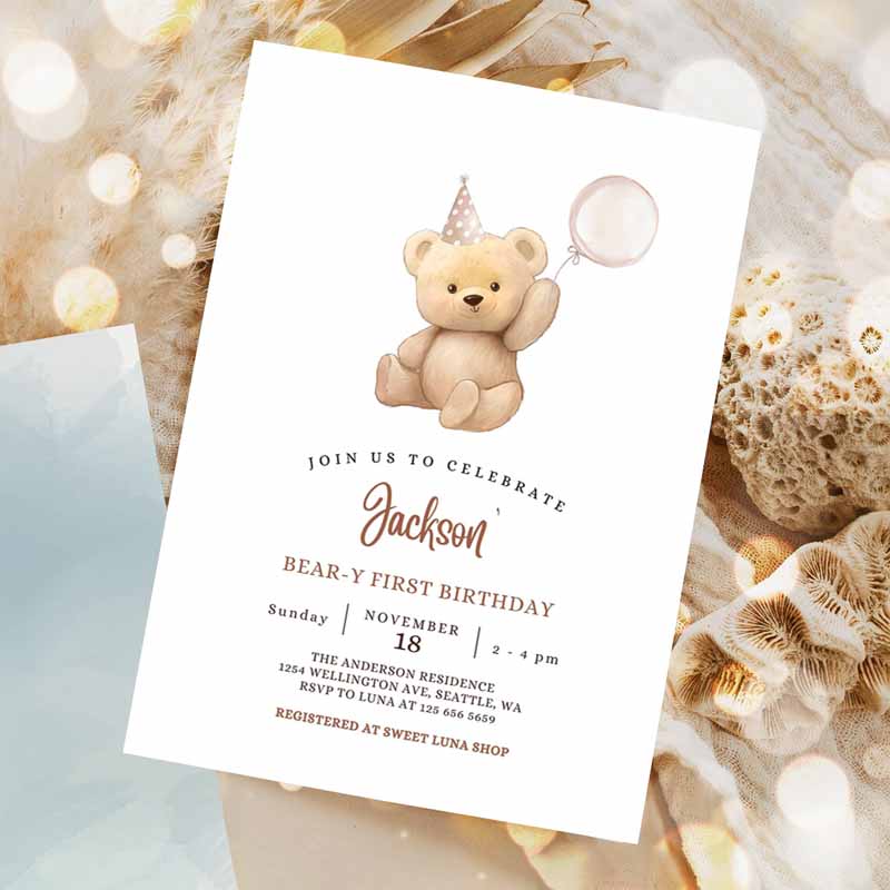 ANY AGE Brown Boy Teddy Bear Kids Birthday Invitation, Balloon Beary Kids Birthday