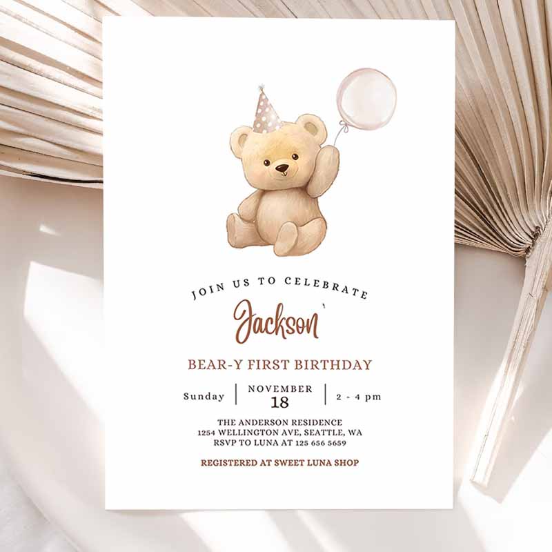 ANY AGE Brown Boy Teddy Bear Kids Birthday Invitation, Balloon Beary Kids Birthday