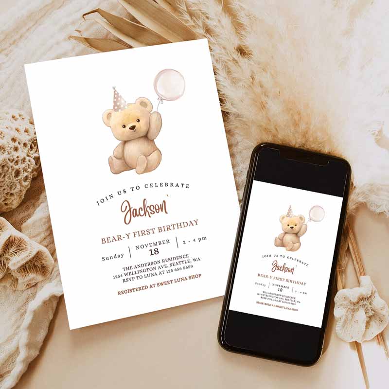 ANY AGE Brown Boy Teddy Bear Kids Birthday Invitation, Balloon Beary Kids Birthday