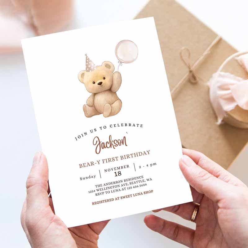 ANY AGE Brown Boy Teddy Bear Kids Birthday Invitation, Balloon Beary Kids Birthday