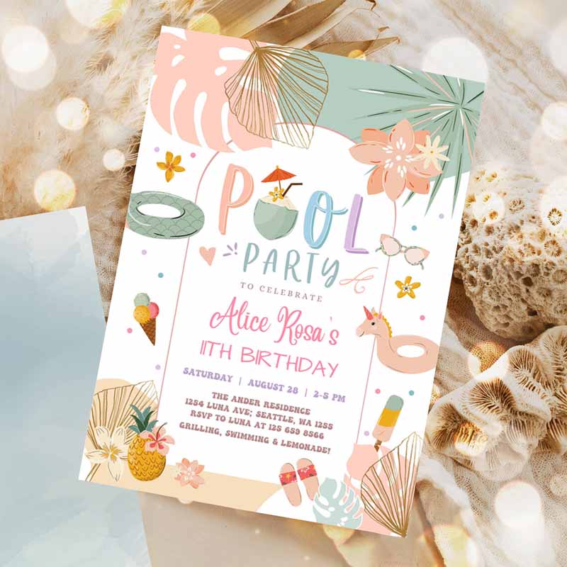 ANY AGE Girl Tropical Pool Party, Kids Birthday Invitation, Modern Simple Chic Pool Party