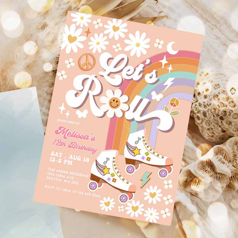 ANY AGE Let's Roll Retro Groovy Roller Skate Kids Birthday, Daisy Rainbow Kids Birthday