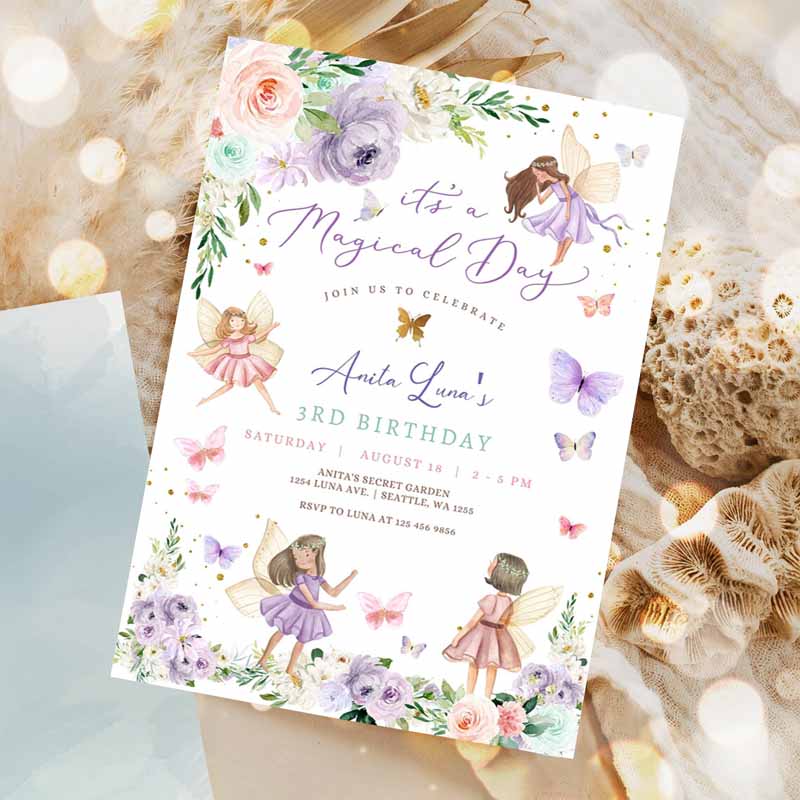 ANY AGE Purple Pink Fairy Kids Birthday Invitation, Butterfly Magical Wildflower Fairy Fairy Kids Birthday