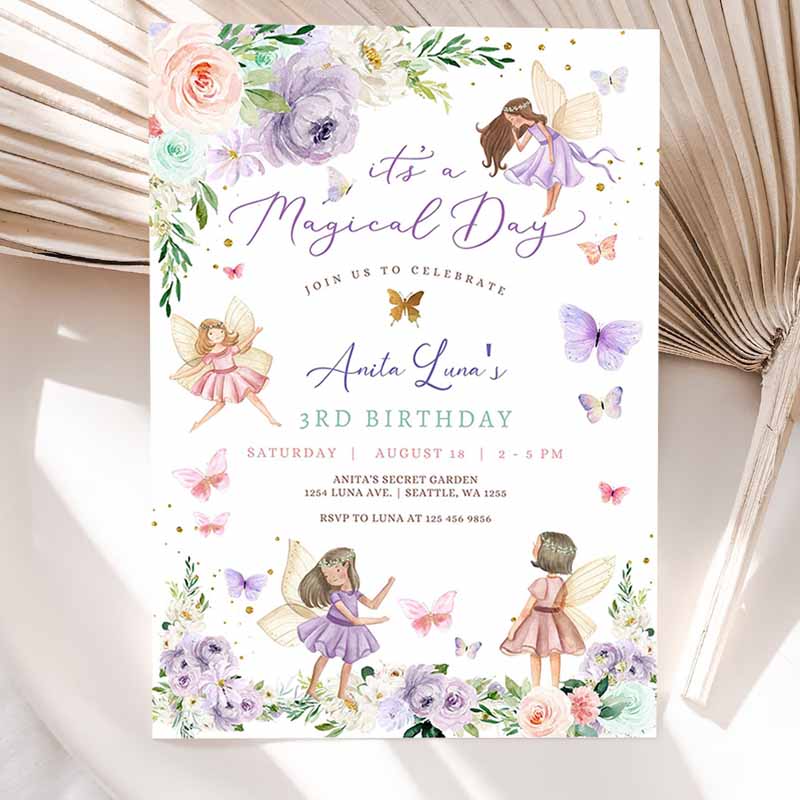 ANY AGE Purple Pink Fairy Kids Birthday Invitation, Butterfly Magical Wildflower Fairy Fairy Kids Birthday