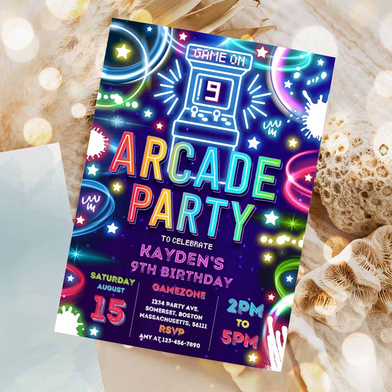 Arcade Party, Kids Birthday Invitation, Boy Neon Glow Retro Video Gaming Arcade Kids Birthday Party, Neon Glow Gaming Party Invitation