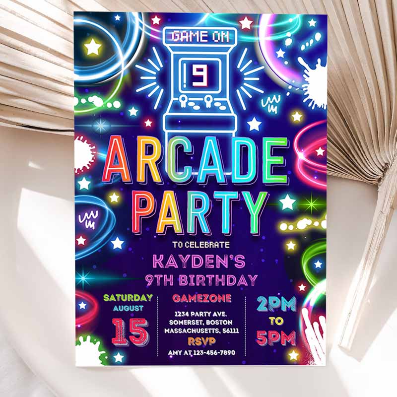 Arcade Party, Kids Birthday Invitation, Boy Neon Glow Retro Video Gaming Arcade Kids Birthday Party, Neon Glow Gaming Party