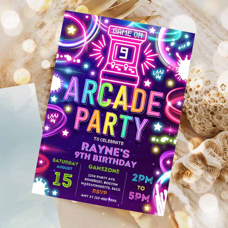 Arcade Party, Kids Birthday Invitation, Neon Glow Retro Video Gaming Arcade Kids Birthday Party, Neon Glow Gaming Party Invitation