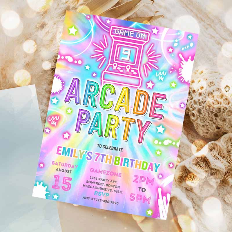 Arcade Party, Kids Birthday Invitation, Tie Dye Neon Video Gaming Arcade Kids Birthday Party, Neon Glow Gaming Party