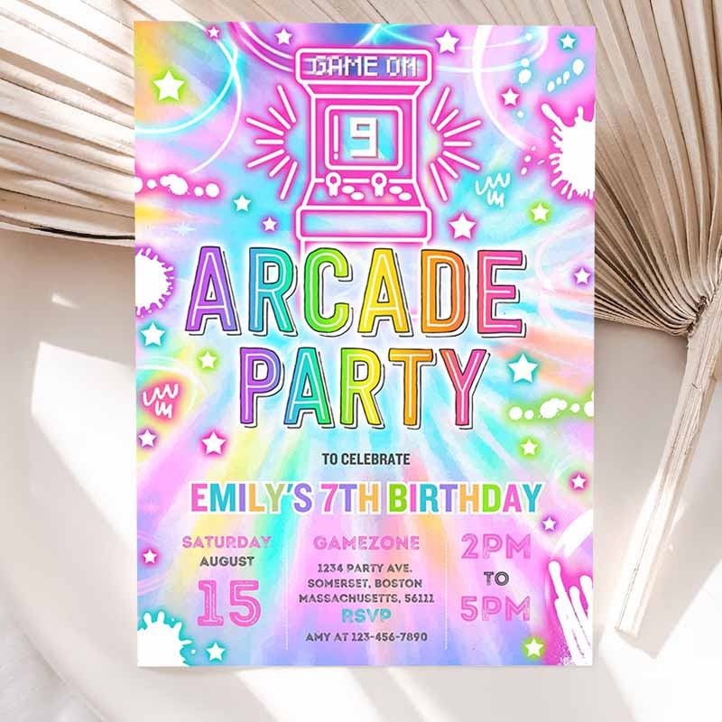 Arcade Party, Kids Birthday Invitation, Tie Dye Neon Video Gaming Arcade Kids Birthday Party, Neon Glow Gaming Party