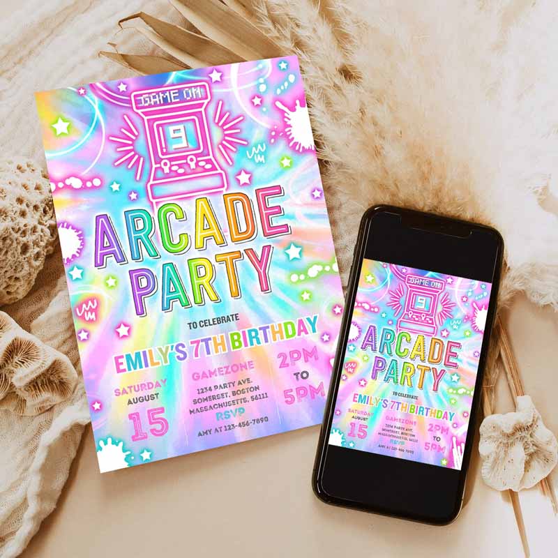 Arcade Party, Kids Birthday Invitation, Tie Dye Neon Video Gaming Arcade Kids Birthday Party, Neon Glow Gaming Party