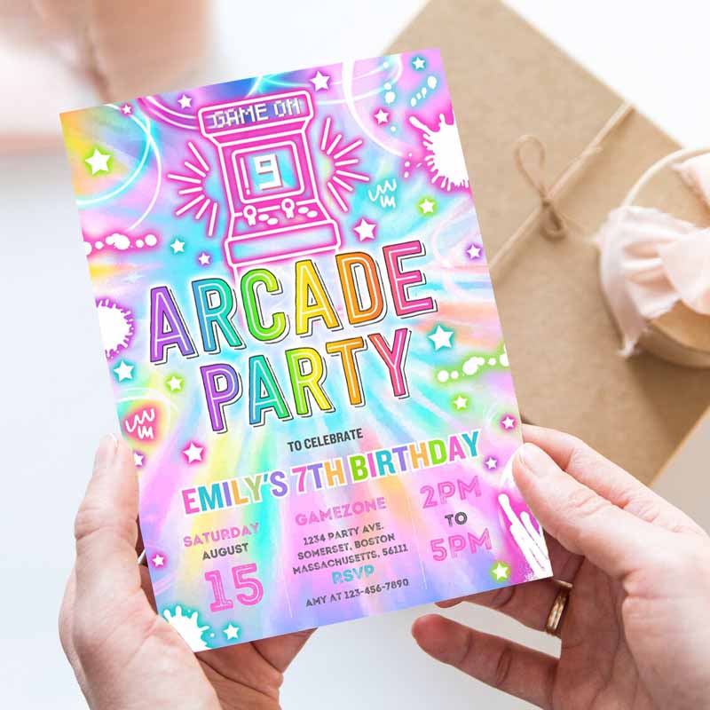 Arcade Party, Kids Birthday Invitation, Tie Dye Neon Video Gaming Arcade Kids Birthday Party, Neon Glow Gaming Party