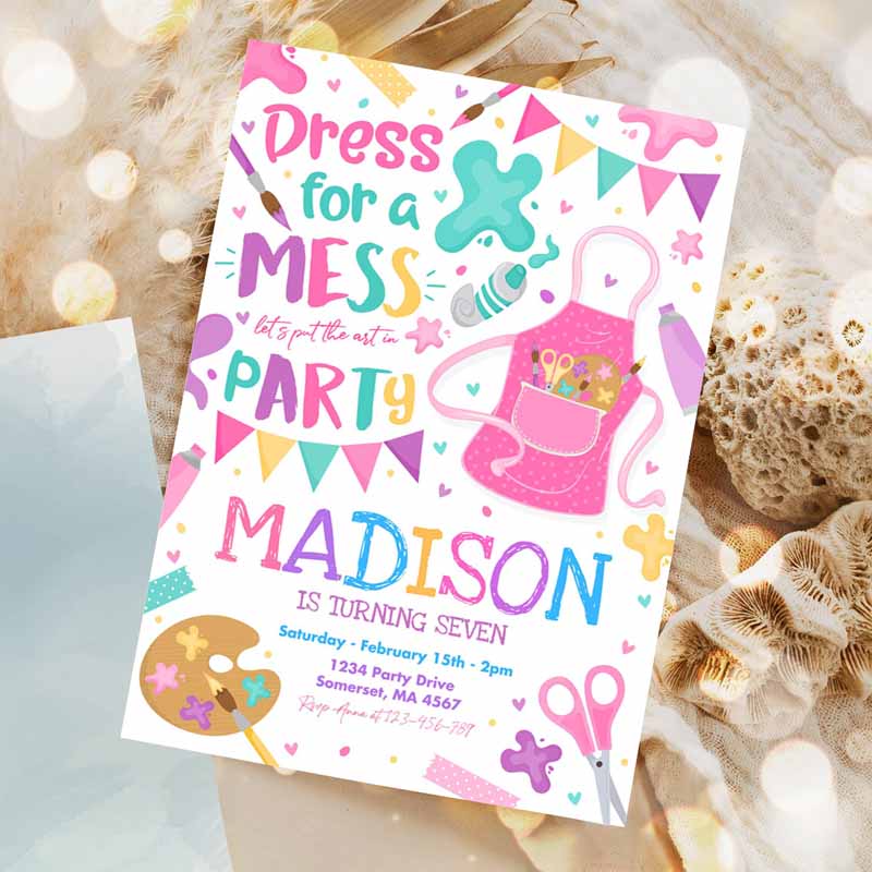 Art Party Invitation, Painting Party, Kids Birthday Invitation, Girly Pink Craft Party, Girly Art Party, Craft Party Invitation