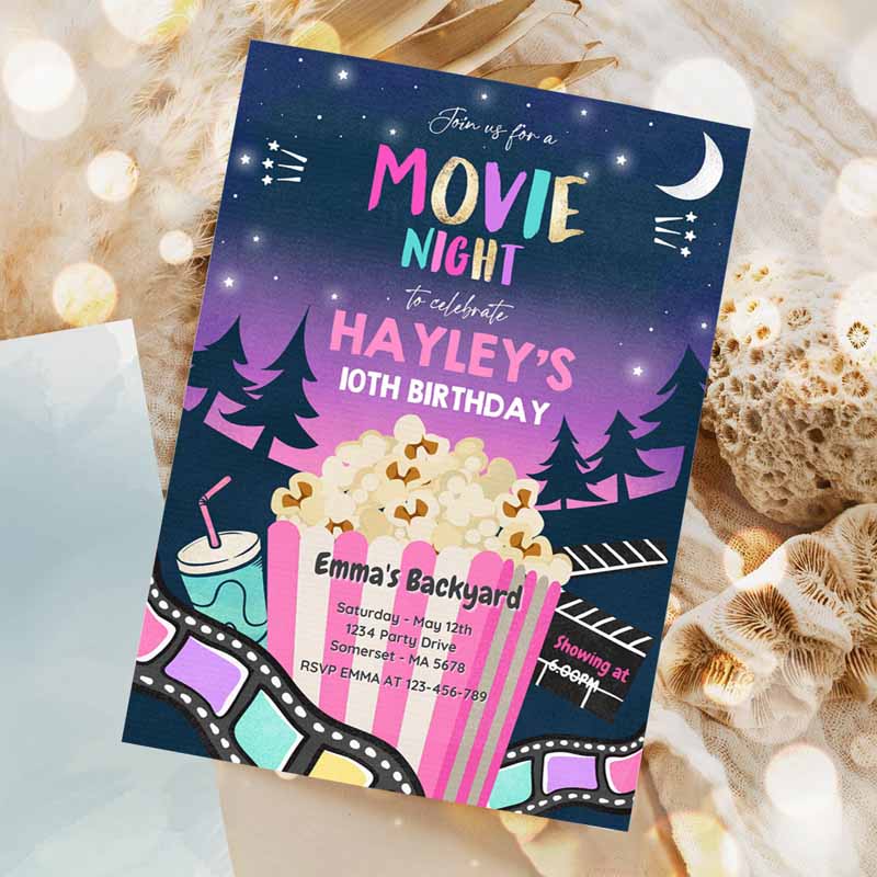 Backyard Movie Night Kids Birthday Invitation, Outdoor Movie Movie Under Thears Party, Movie Sleepover Party