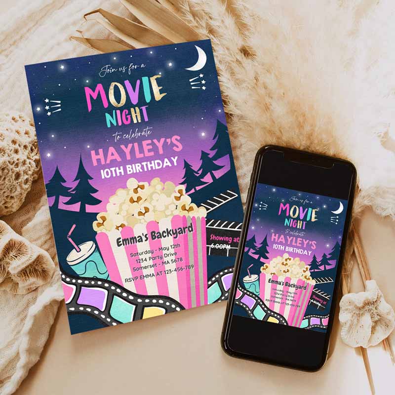 Backyard Movie Night Kids Birthday Invitation, Outdoor Movie Movie Under Thears Party, Movie Sleepover Party