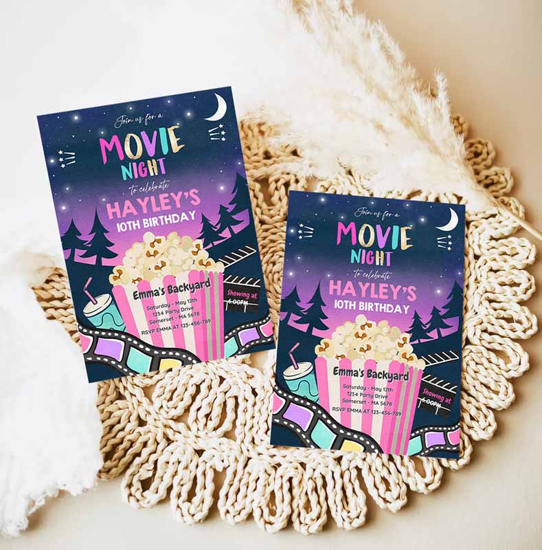 Backyard Movie Night Kids Birthday Invitation, Outdoor Movie Movie Under Thears Party, Movie Sleepover Party