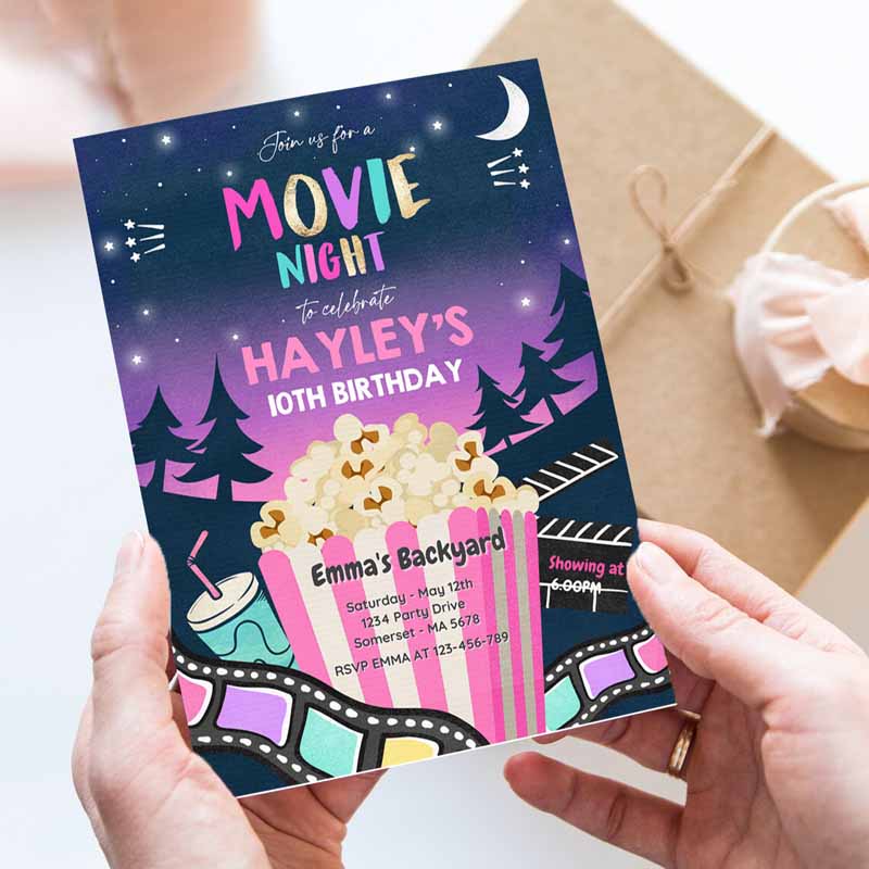 Backyard Movie Night Kids Birthday Invitation, Outdoor Movie Movie Under Thears Party, Movie Sleepover Party