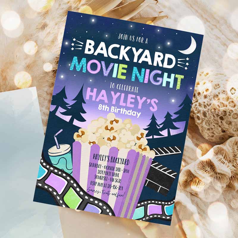 Backyard Movie Night Kids Birthday Invitation, Outdoor Movie Party, Movie Under Thears Party, Movie Sleepover Party