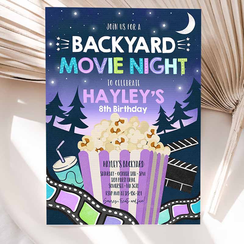 Backyard Movie Night Kids Birthday Invitation, Outdoor Movie Party, Movie Under Thears Party, Movie Sleepover Party