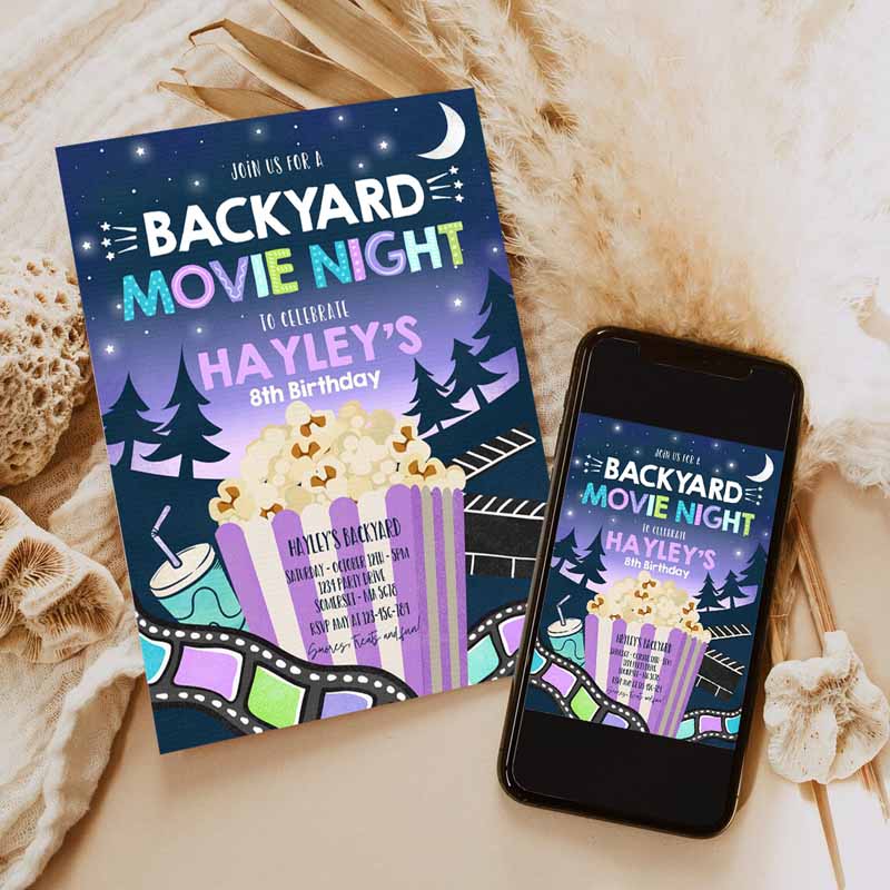 Backyard Movie Night Kids Birthday Invitation, Outdoor Movie Party, Movie Under Thears Party, Movie Sleepover Party