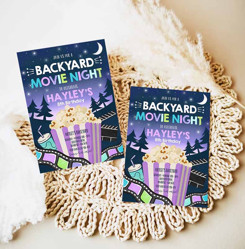 Backyard Movie Night Kids Birthday Invitation, Outdoor Movie Party, Movie Under Thears Party, Movie Sleepover Party