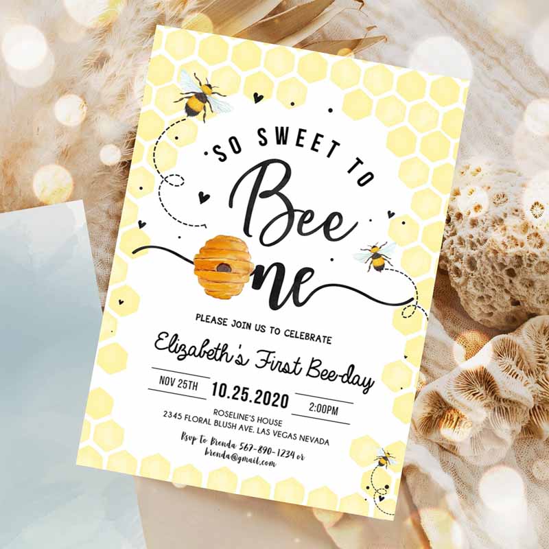 Bee Kids Birthday Invitation, Honey Bee Kids Birthday Party, Bee Kids Birthday, So Sweet To Bee One Party, Bee-Day Kids Birthday