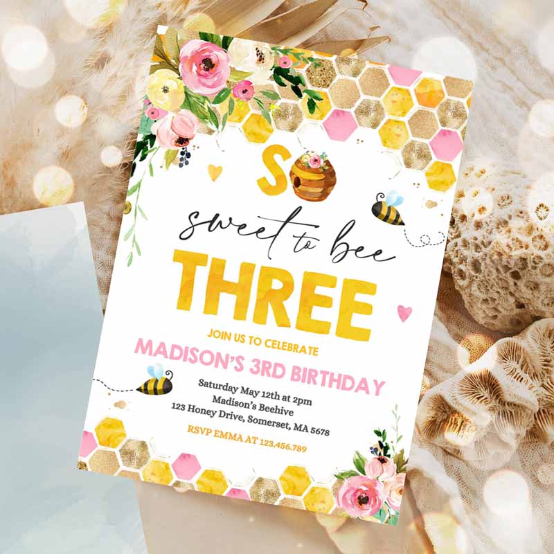 Bee Kids Birthday Invitation, Honey Bee Kids Birthday, Pink Yellow Floral Bumble Bee Party, So Sweet To Beeree Party Invitation