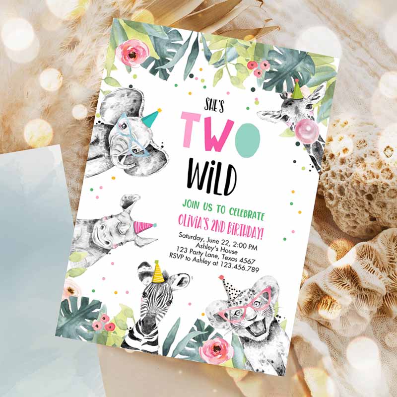 Kids Birthday Invitation, Girl Two Wild Animals Invite Pink and Gold Safari Zoo Invitation