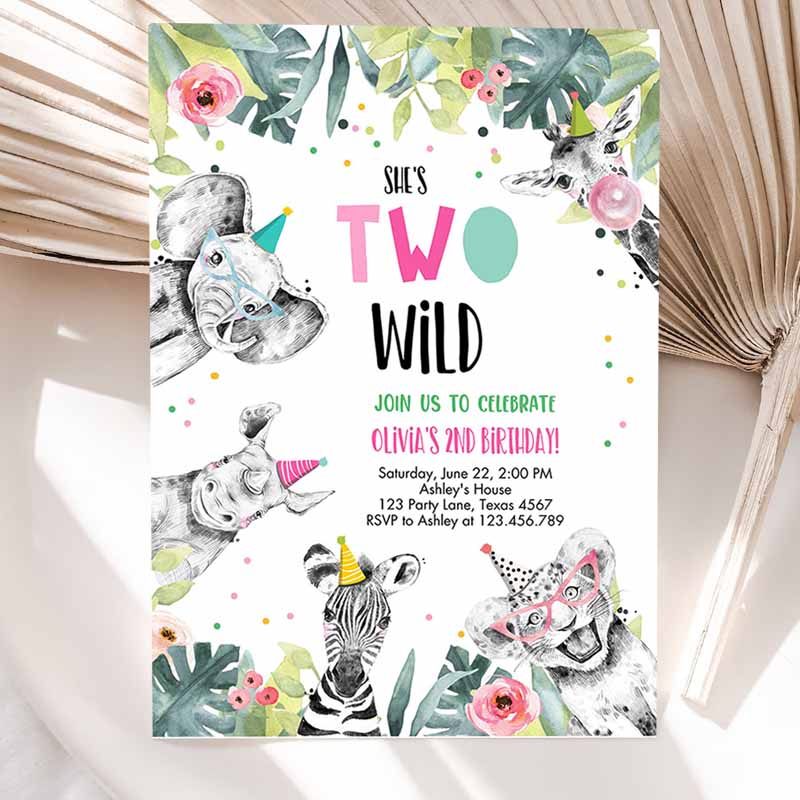 Kids Birthday Invitation, Girl Two Wild Animals Invite Pink and Gold Safari Zoo Invitation