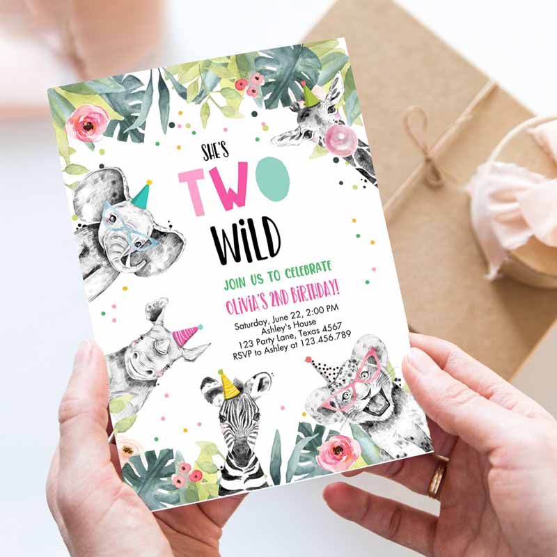 Kids Birthday Invitation, Girl Two Wild Animals Invite Pink and Gold Safari Zoo Invitation