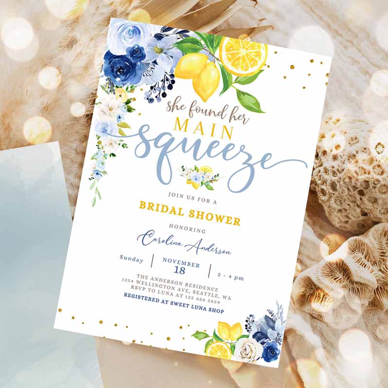 Blue Lemon Bridal Shower Invitation, Blue Floral Citrus She Found Her Main Squeeze