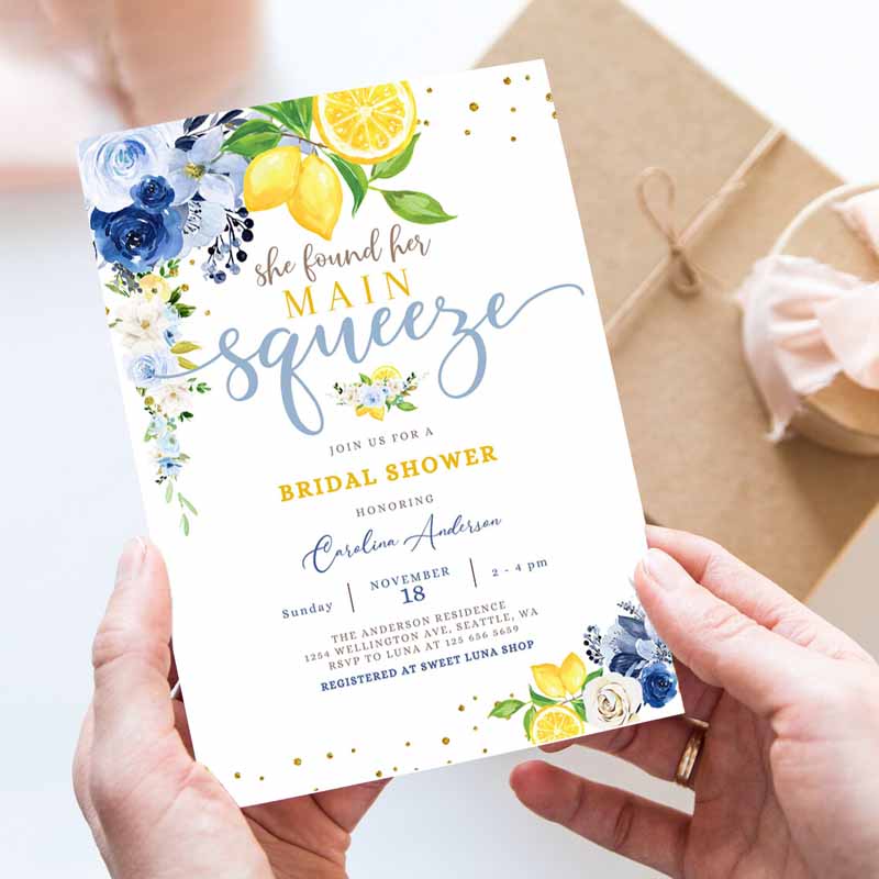 Blue Lemon Bridal Shower Invitation, Blue Floral Citrus She Found Her Main Squeeze