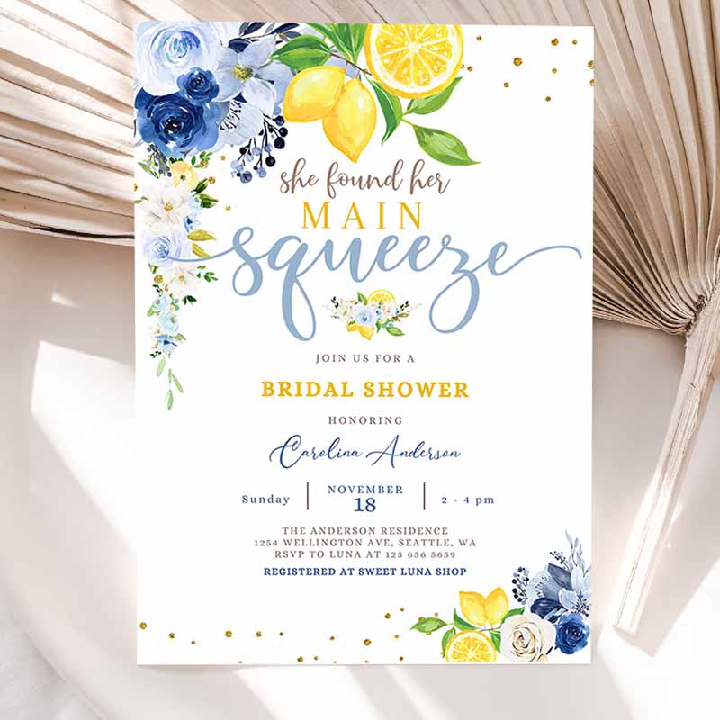 Blue Lemon Bridal Shower Invitation, Blue Floral Citrus She Found Her Main Squeeze