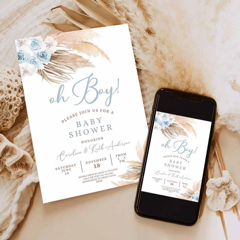 Blue Pampas Grass Boho Baby Shower Invitation, Boy Minimalist Pastel Baby Shower Printable