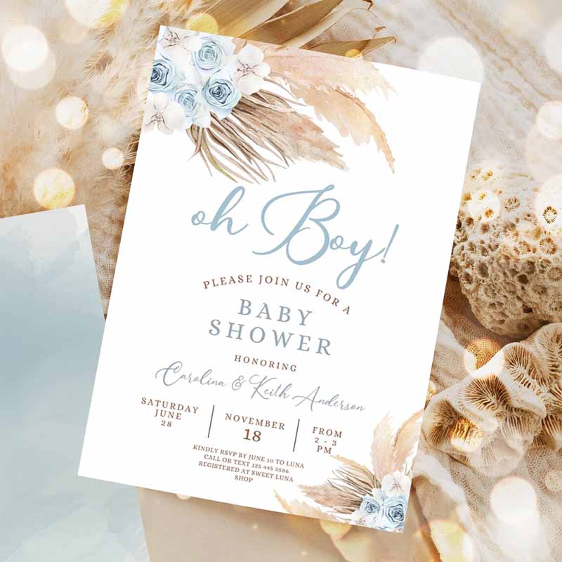 Blue Pampas Grass Boho Baby Shower Invitation, Boy Minimalist Pastel Baby Shower Printable