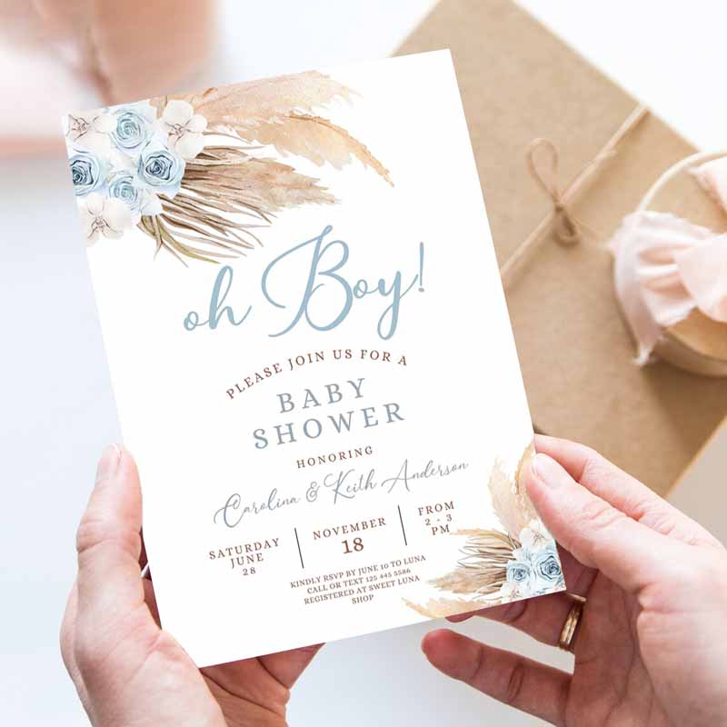 Blue Pampas Grass Boho Baby Shower Invitation, Boy Minimalist Pastel Baby Shower