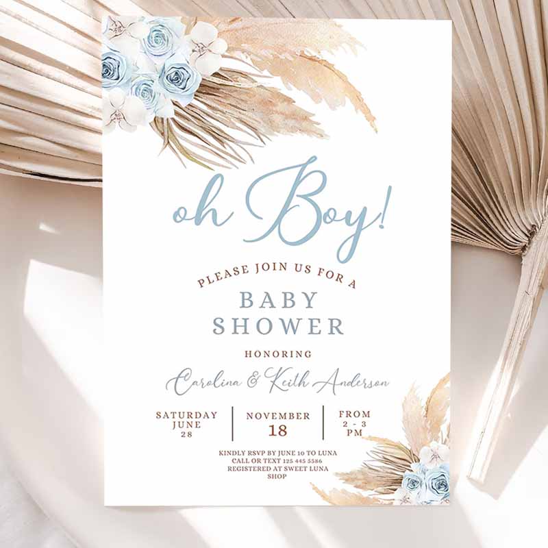 Blue Pampas Grass Boho Baby Shower Invitation, Boy Minimalist Pastel Baby Shower Printable