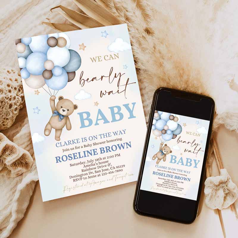 Blue Pampas Grass Teddy Bear Baby Shower Invitation, We Can Bearly Wait Blue Balloons Boho Boy Baby Shower