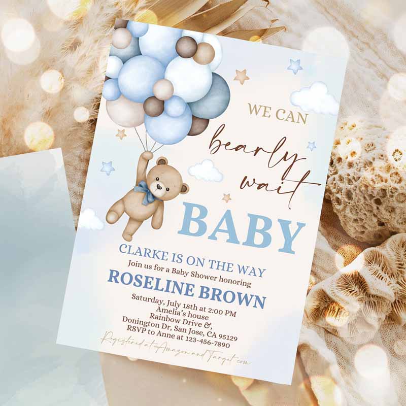 Blue Pampas Grass Teddy Bear Baby Shower Invitation, We Can Bearly Wait Blue Balloons Boho Boy Baby Shower