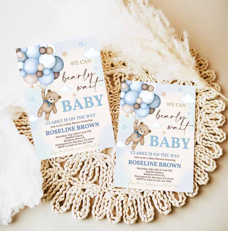 Blue Pampas Grass Teddy Bear Baby Shower Invitation, We Can Bearly Wait Blue Balloons Boho Boy Baby Shower