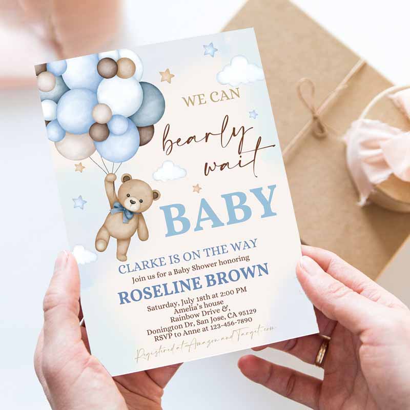 Blue Pampas Grass Teddy Bear Baby Shower Invitation, We Can Bearly Wait Blue Balloons Boho Boy Baby Shower