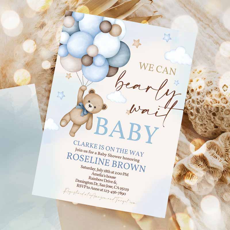 Blue Pampas Grass Teddy Bear Baby Shower Invitation, We Can Bearly Wait Blue Balloons Boho Boy Baby Shower