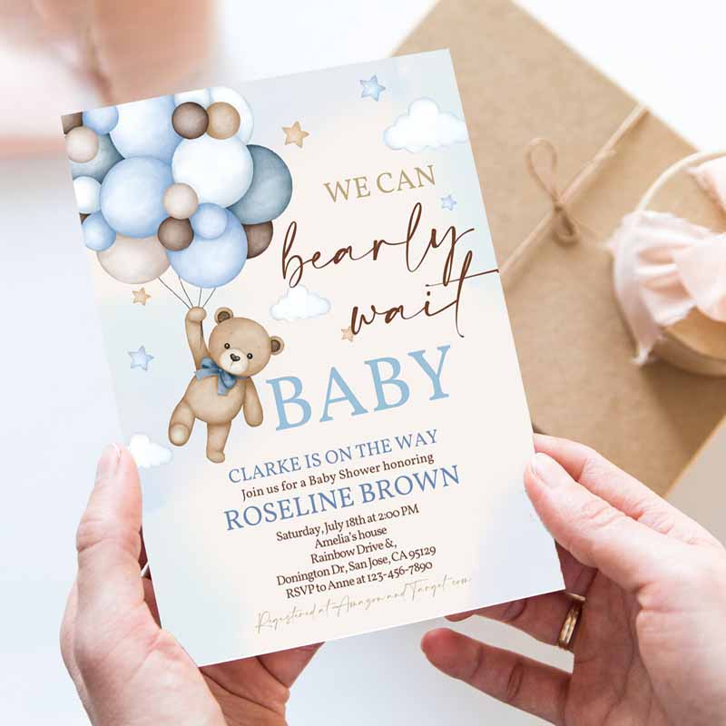 Blue Pampas Grass Teddy Bear Baby Shower Invitation, We Can Bearly Wait Blue Balloons Boho Boy Baby Shower