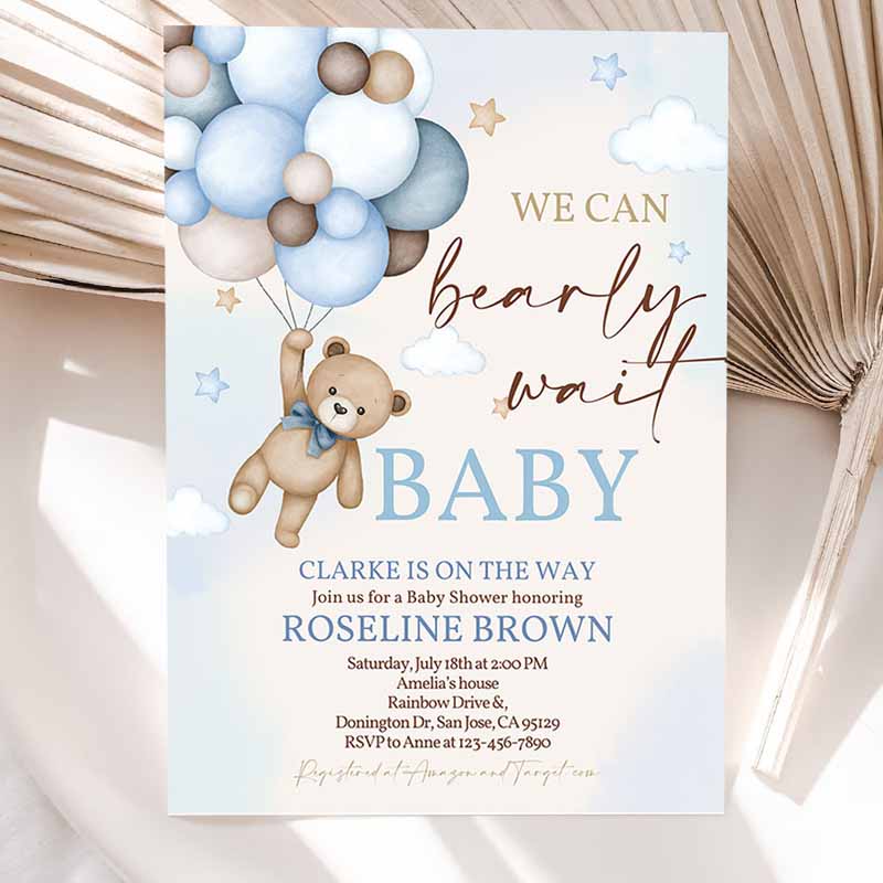 Blue Pampas Grass Teddy Bear Baby Shower Invitation, We Can Bearly Wait Blue Balloons Boho Boy Baby Shower